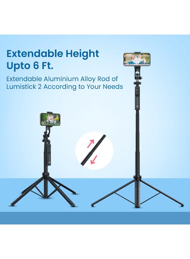 بورترونيكس Portronics Lumistick 2 Portable Smart Selfie Stick with Upto 6ft. Tripod Stand, 3 in 1 Multifunctional Design, Detachable Bluetooth Remote Compatible for iPhone/Android, Best for Vlogging/Photo Shoot - Image 3